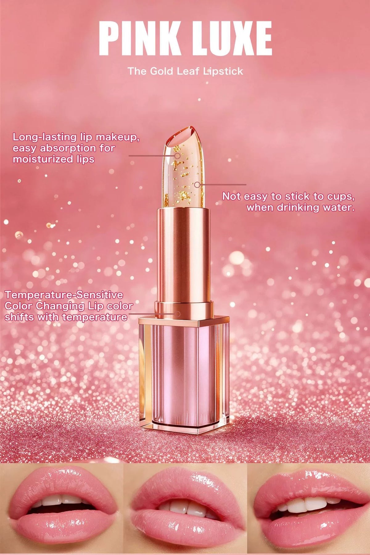 Pink luxe gold foil color‑changing lip balm, glossy natural pink lip makeup on model