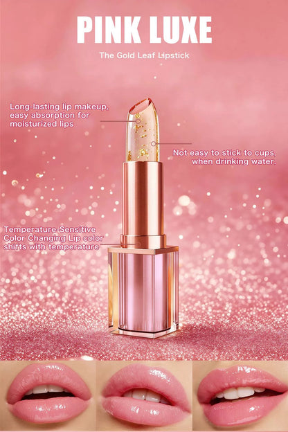 Pink luxe gold foil color‑changing lip balm, glossy natural pink lip makeup on model