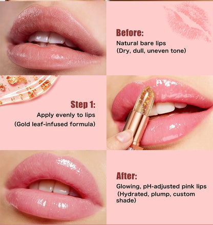 Before and after use of gold foil lip balm, plump glossy hydrated pink lips effect