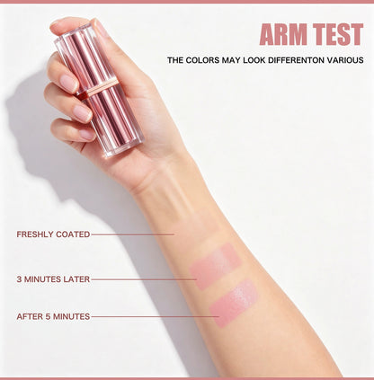 Gold foil lip balm arm skin swatch test, color‑changing shade comparison