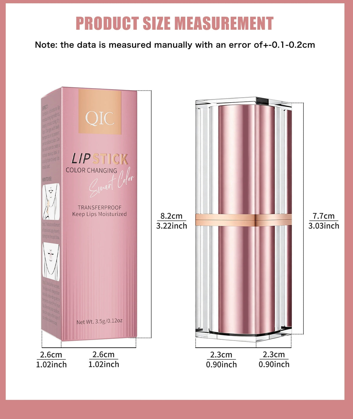 QIC gold foil lipstick and box dimension size measurement diagram