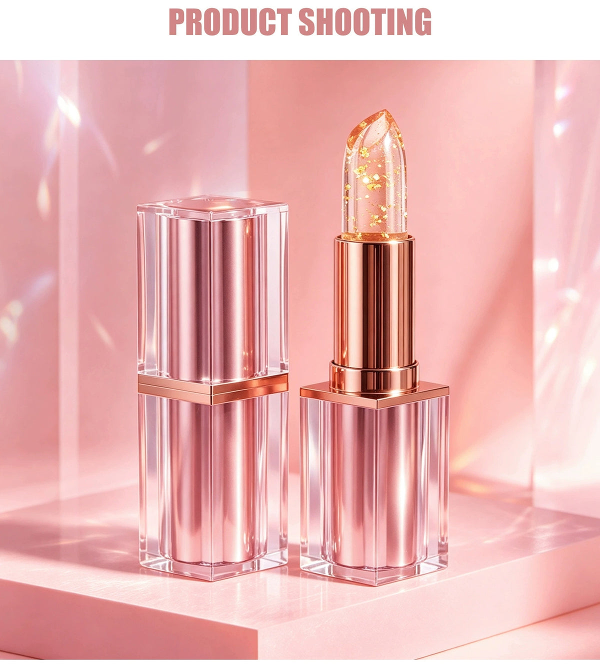 Rose‑gold crystal QIC gold foil color‑changing lip balm product studio shot
