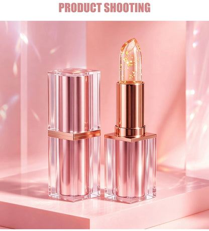 Rose‑gold crystal QIC gold foil color‑changing lip balm product studio shot