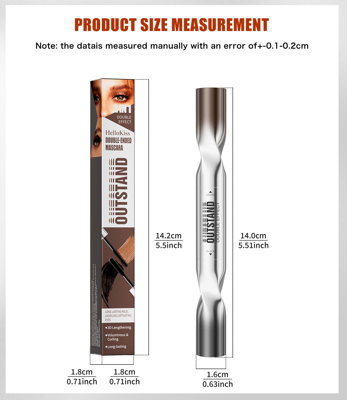 HelloKiss mascara product size measurement chart, package and tube dimension details