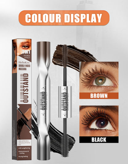 HelloKiss OUTSTAND mascara colour display, brown and black lash effect with product packaging