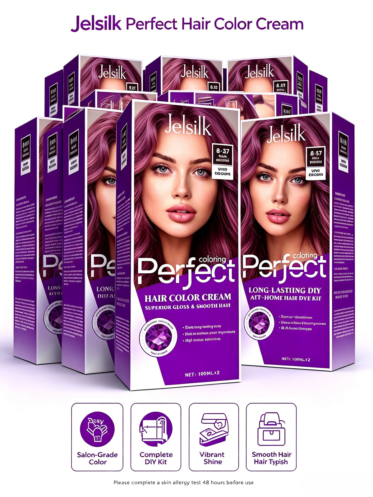 Jelsilk Perfect Hair Color Cream purple packaging, DIY at‑home hair dye kit product display