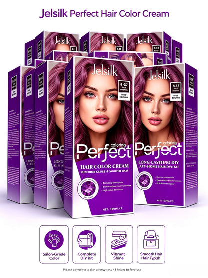 Jelsilk Perfect Hair Color Cream purple packaging, DIY at‑home hair dye kit product display