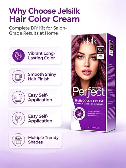 Jelsilk hair color cream product features, long‑lasting color, shiny hair, easy home application, multiple color options