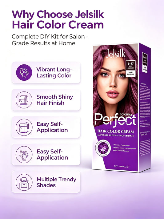 Jelsilk hair color cream product features, long‑lasting color, shiny hair, easy home application, multiple color options