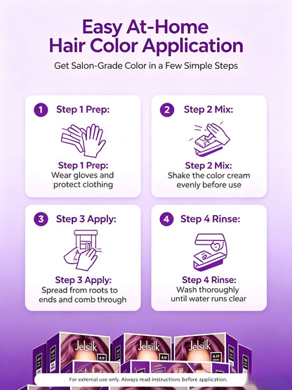 Four‑step guide for Jelsilk home hair‑color application, prep, mix, apply and rinse