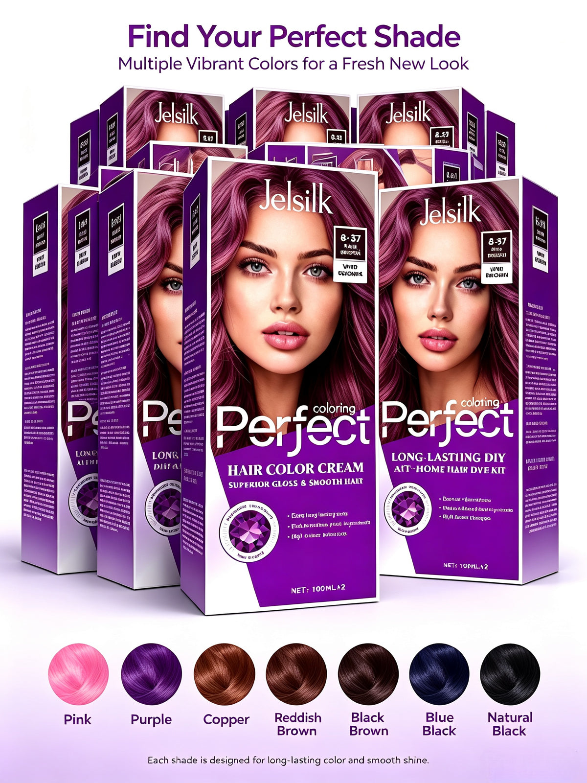 Jelsilk hair dye color shade chart, pink, purple, copper, brown, blue‑black, natural‑black color swatches