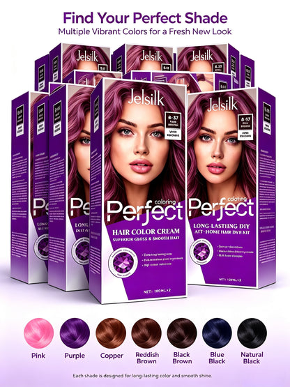 Jelsilk hair dye color shade chart, pink, purple, copper, brown, blue‑black, natural‑black color swatches