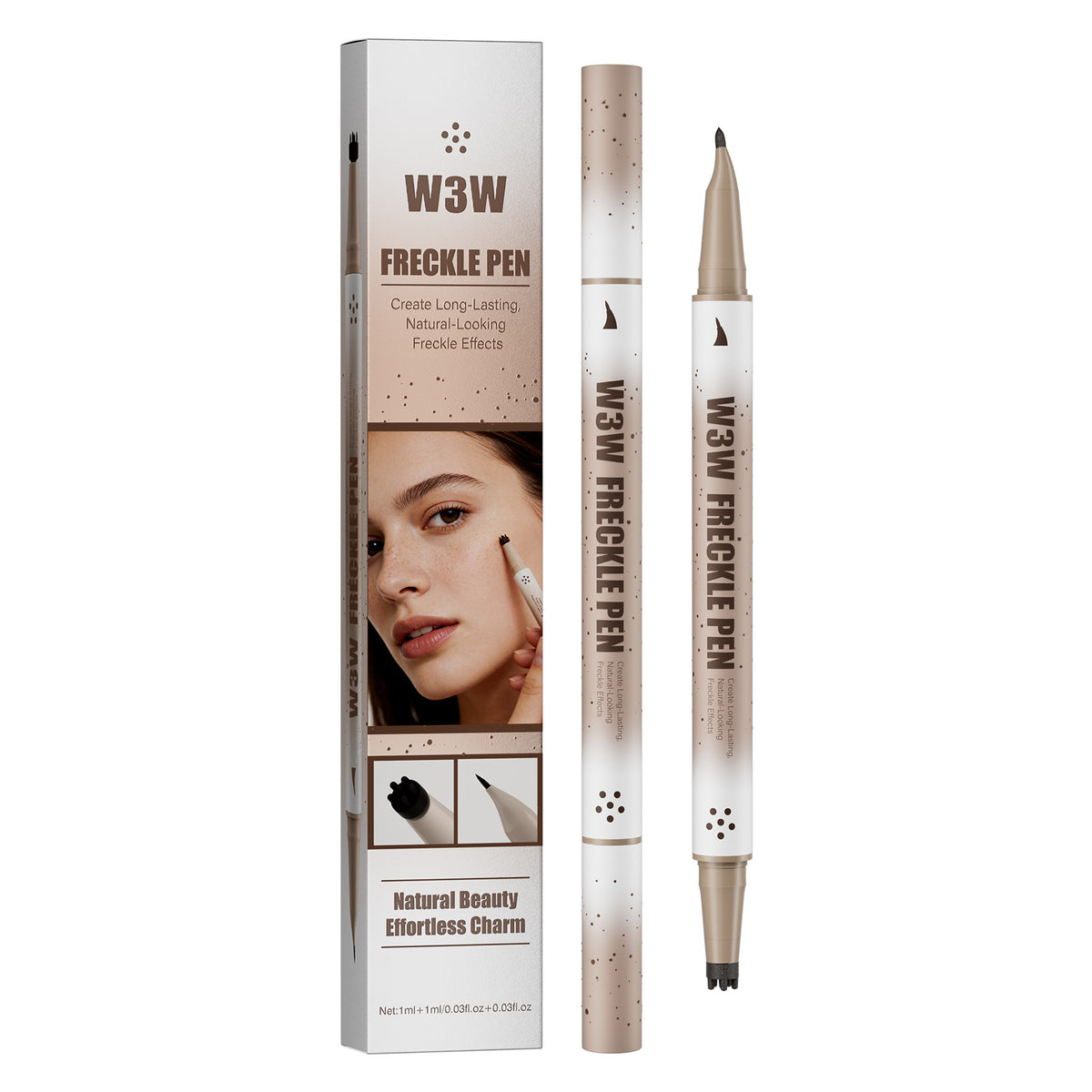 Image 1(Main white‑background product photo): W3W dual‑end freckle pen and product packaging box, dual‑tip faux freckle makeup cosmetic