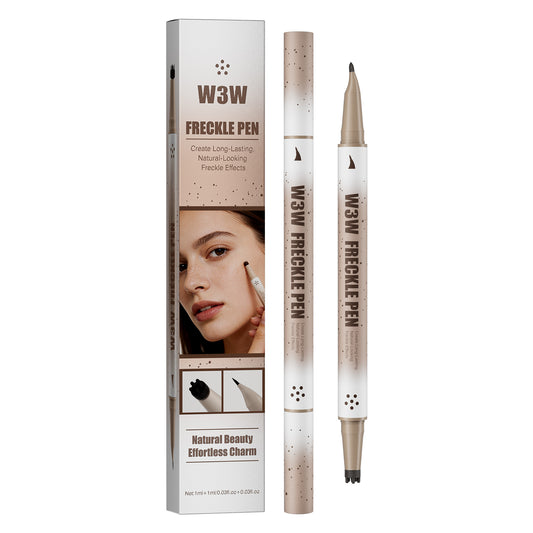 Image 1(Main white‑background product photo): W3W dual‑end freckle pen and product packaging box, dual‑tip faux freckle makeup cosmetic