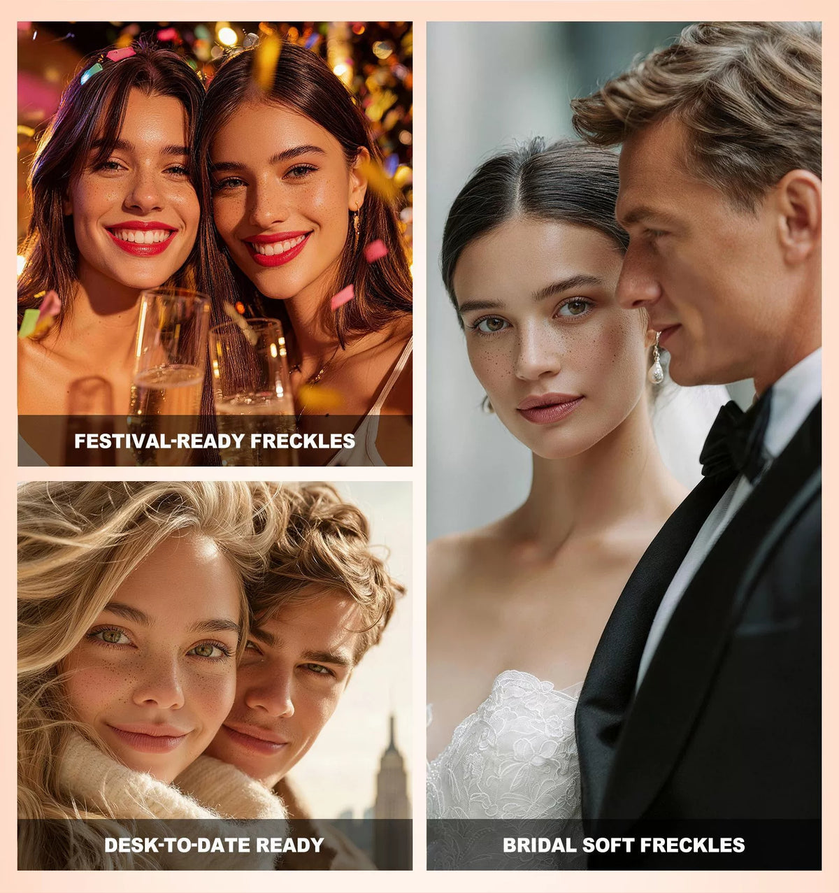 Image 5(Application‑scene collage): Multiple makeup application scenarios, daily, date, bridal and festival freckle makeup look