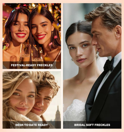 Image 5(Application‑scene collage): Multiple makeup application scenarios, daily, date, bridal and festival freckle makeup look