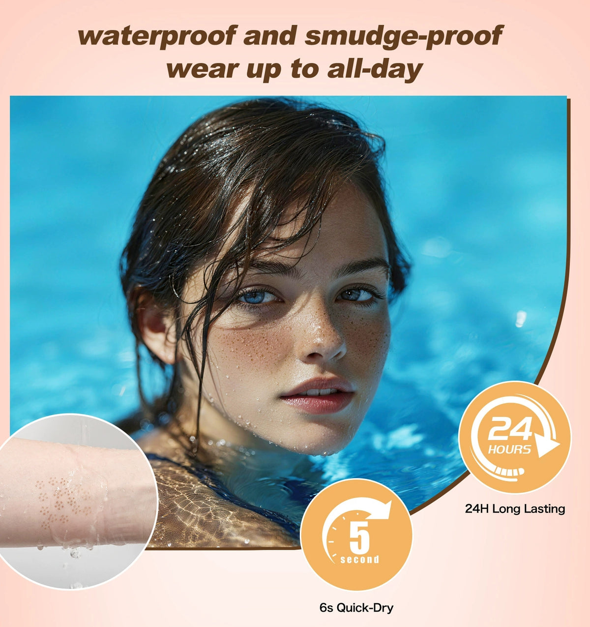 Image 6(water‑resistance test): W3W freckle pen waterproof, smudge‑proof, 24‑hour long‑lasting and quick‑dry makeup effect test