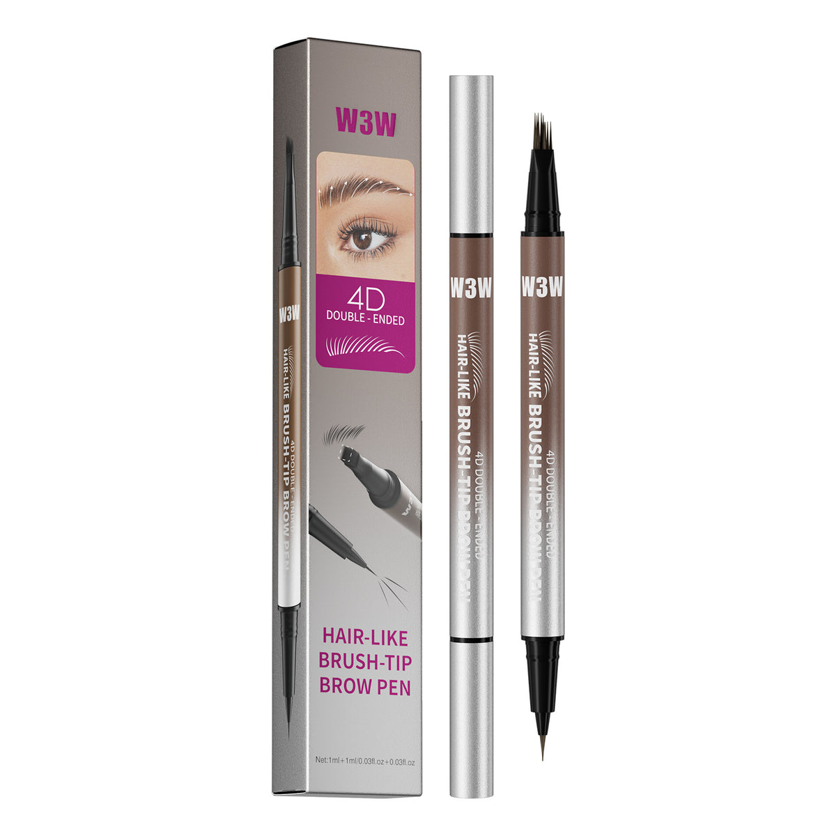 W3W 4D double‑ended hair‑like brush‑tip brow pen, dual‑end liquid eyebrow pen and retail box full product display