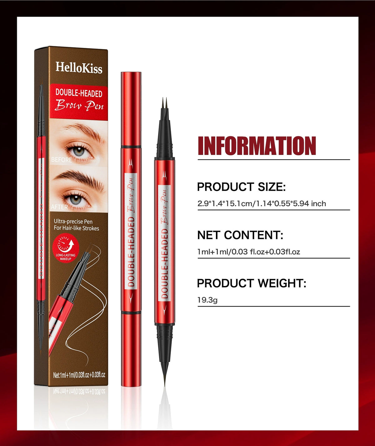 HelloKiss Double-Ended Waterproof Eyebrow Pen – Hair-Like Strokes, 5 Shades
