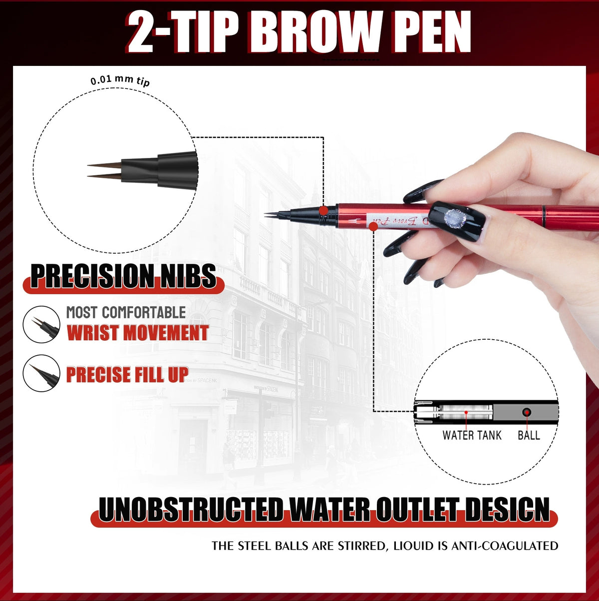 HelloKiss double‑ended brow pen usage reminder, shake before use and storage instruction graphic