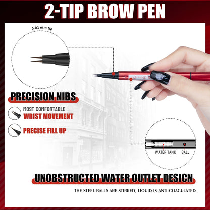 HelloKiss double‑ended brow pen usage reminder, shake before use and storage instruction graphic
