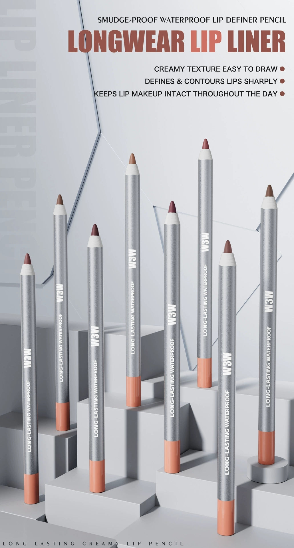 W3W longwear lip liner pencil collection, 8 shades creamy lip contour pencils display, silver pencil with orange tip product shot