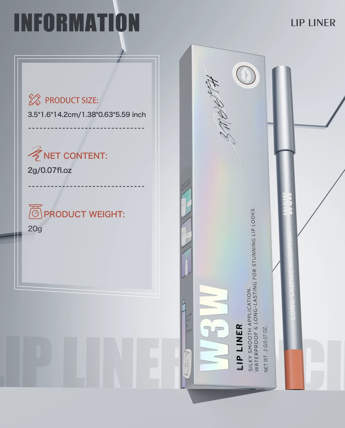  W3W lip liner pencil product information page, retail box and silver pencil with size, net content and weight details
