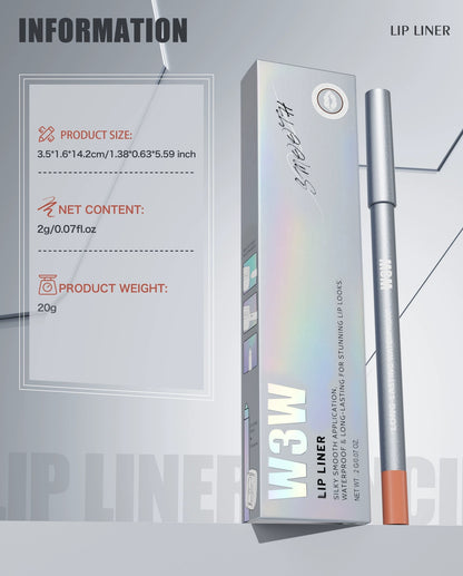  W3W lip liner pencil product information page, retail box and silver pencil with size, net content and weight details