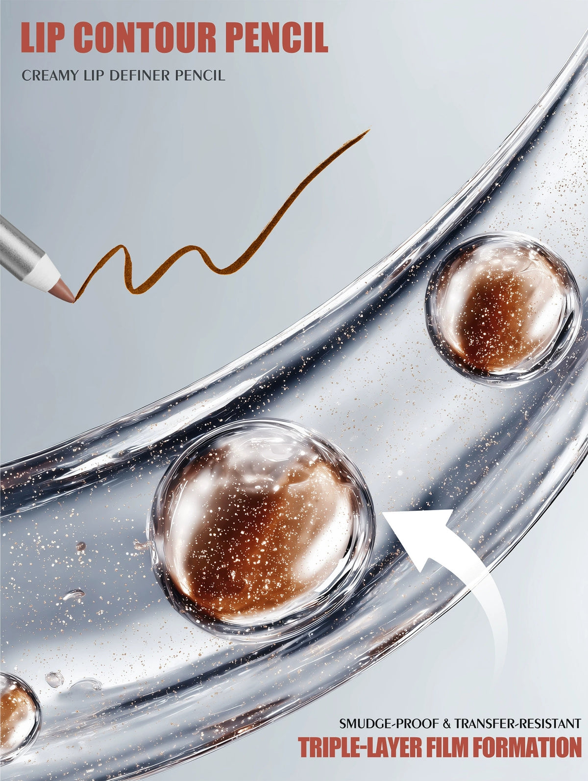 W3W lip contour pencil waterproof demonstration, creamy lip definer with water drop and transfer-resistant effect