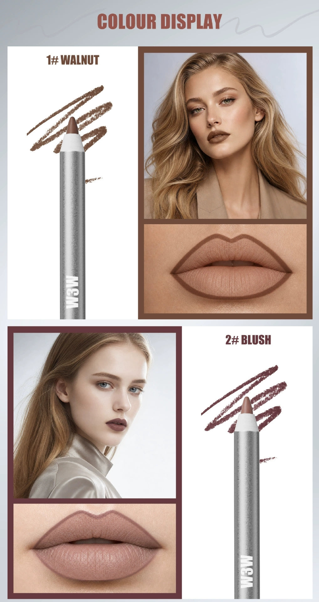 W3W lip liner 2 shades display, 1# Walnut and 2# Blush lip swatch with model lip makeup effect