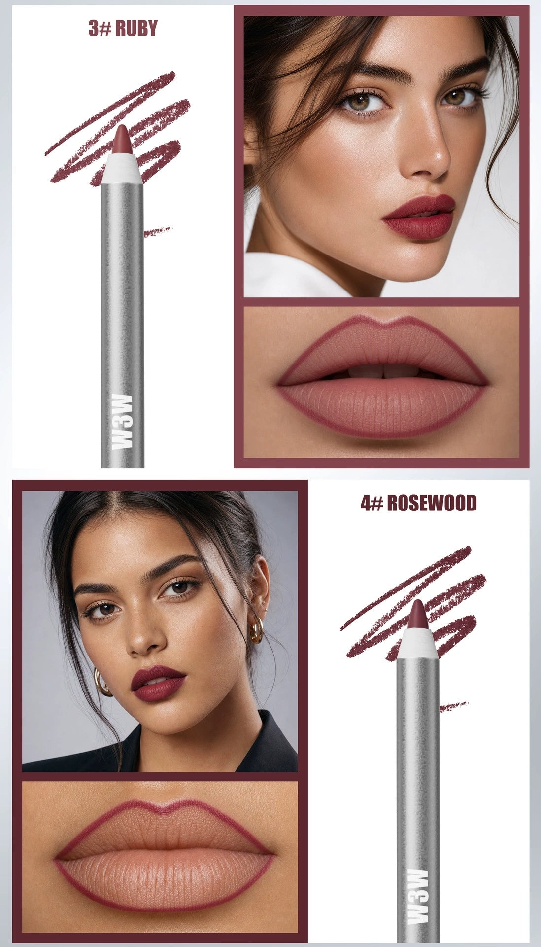 W3W lip liner 2 shades display, 3# Ruby and 4# Rosewood lip swatch with model lip makeup effect