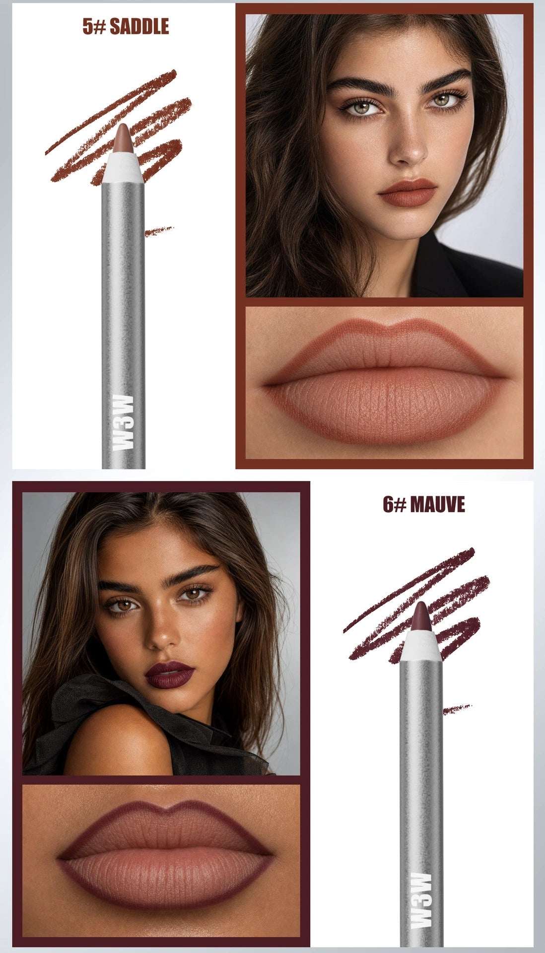 W3W lip liner 2 shades display, 5# Saddle and 6# Mauve lip swatch with model lip makeup effect