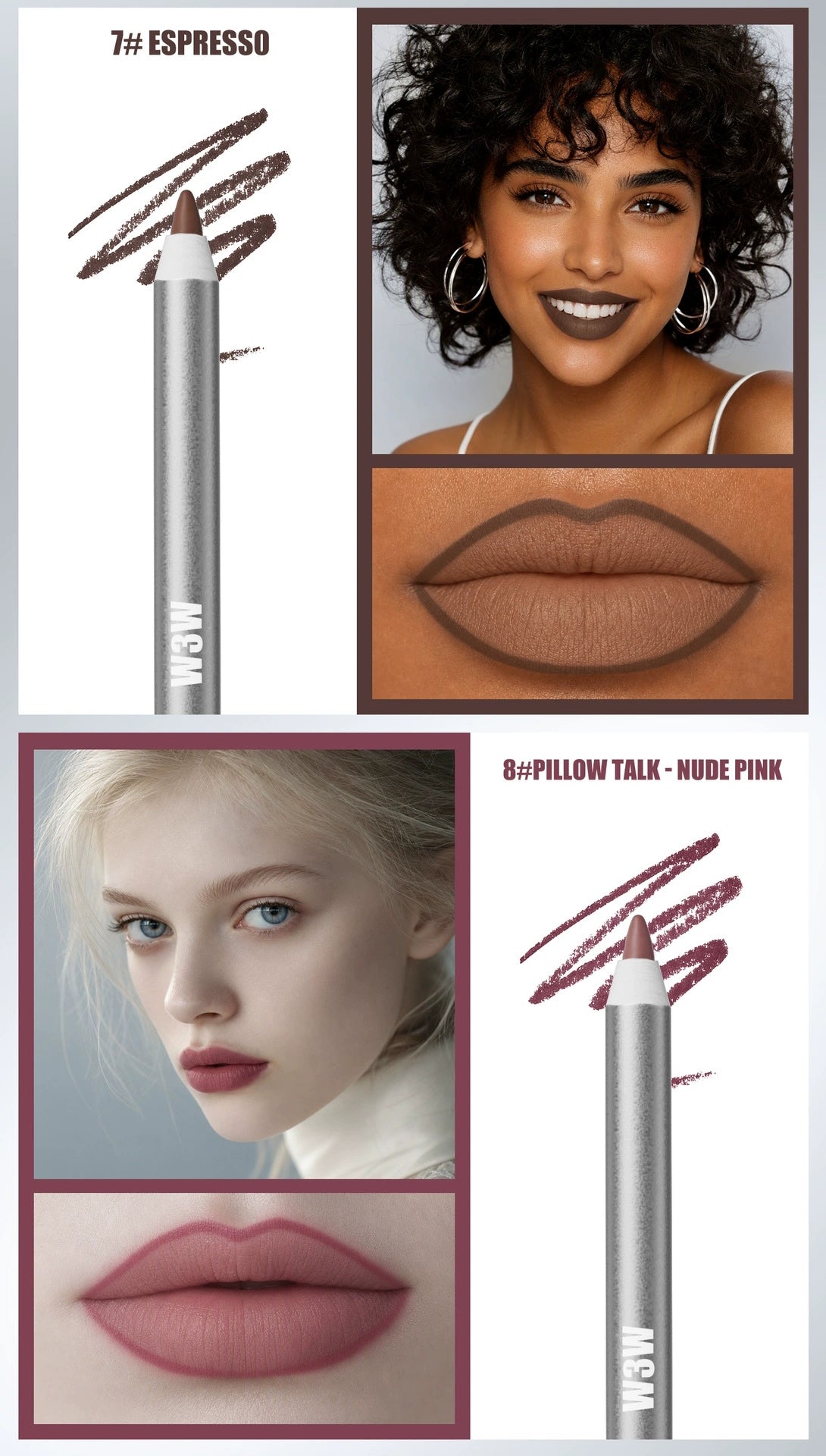 W3W lip liner 2 shades display, 7# Espresso and 8# Pillow Talk Nude Pink lip swatch with model lip makeup effect