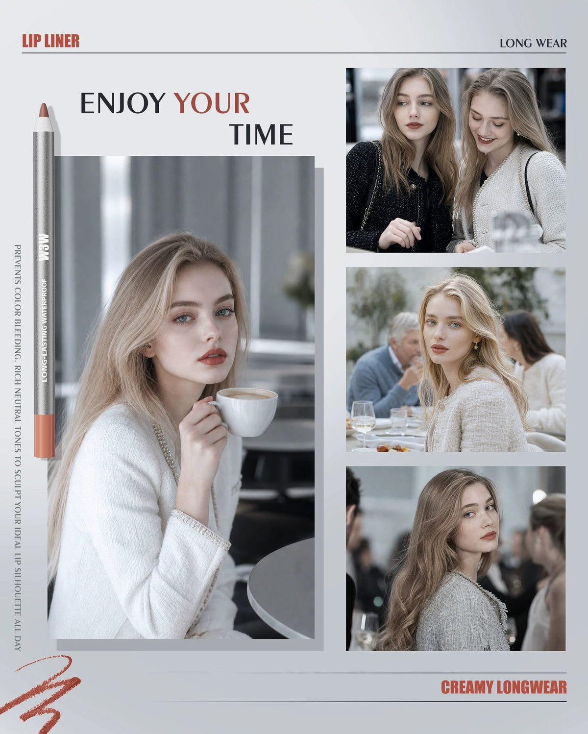 W3W long-wear lip liner pencil casual lifestyle beauty photo, creamy lip makeup daily look