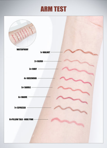W3W lip liner 8 shades arm swatch test, waterproof long-lasting color reference chart