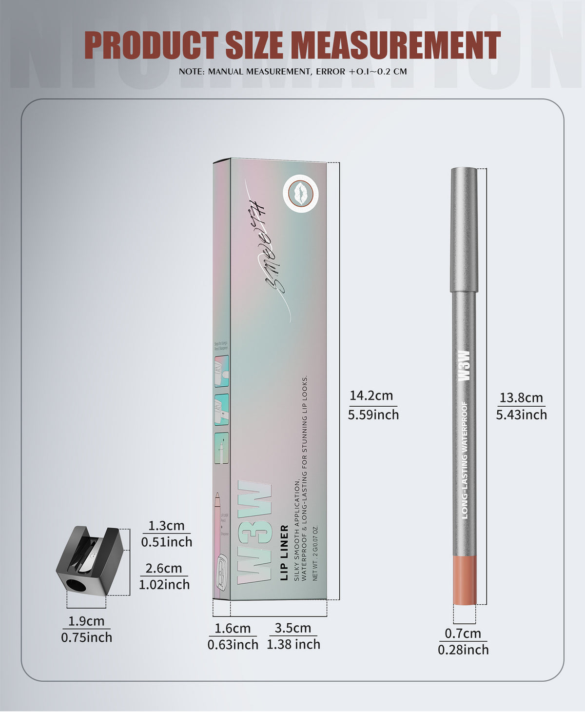 W3W lip liner pencil product size measurement graphic, retail box, pencil and sharpener dimension details
