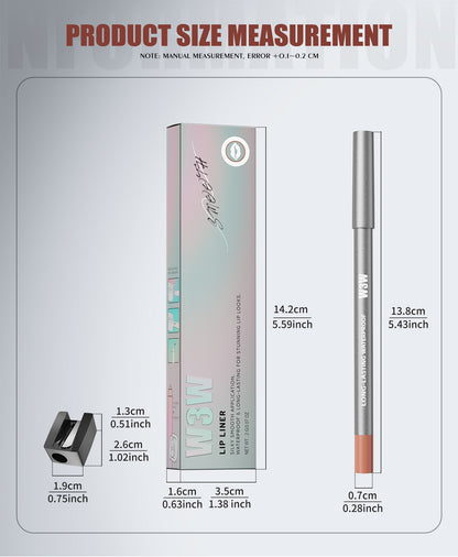 W3W lip liner pencil product size measurement graphic, retail box, pencil and sharpener dimension details