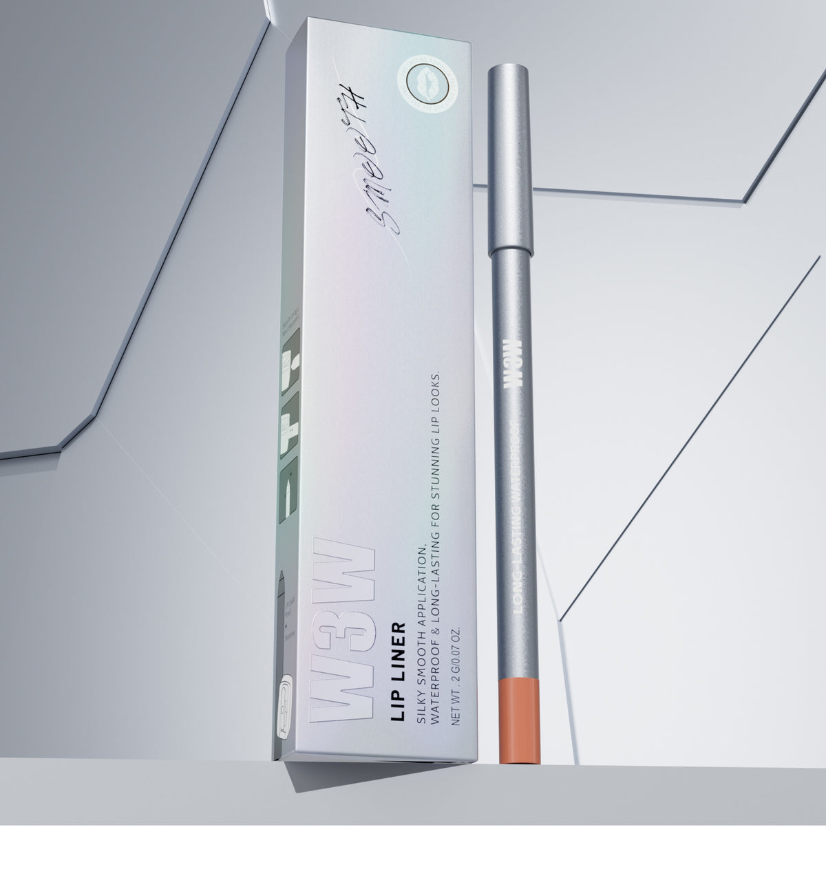W3W creamy waterproof lip liner pencil and retail box aesthetic studio display photograph