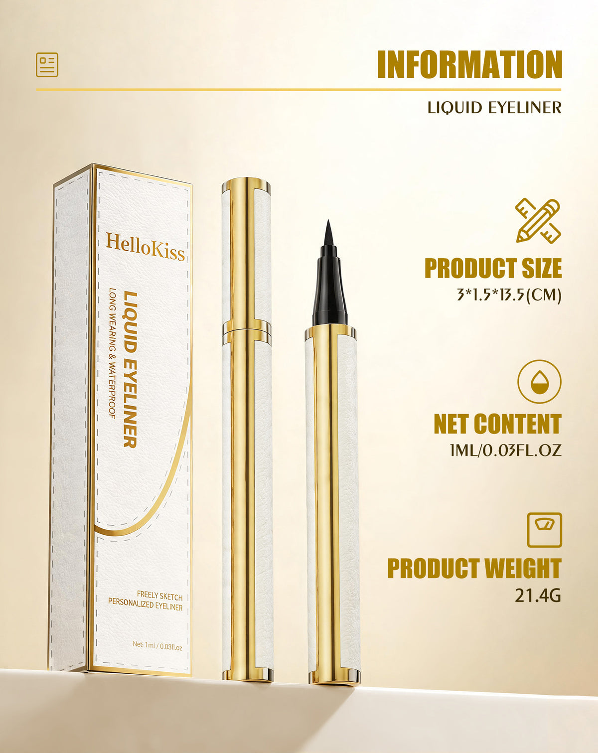 HelloKiss liquid eyeliner pen and packaging specification chart showing 13.5 cm length, 1 mL net content and 21.4 g product weight