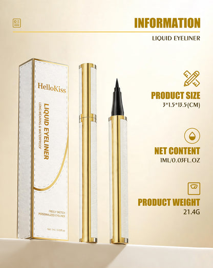 HelloKiss liquid eyeliner pen and packaging specification chart showing 13.5 cm length, 1 mL net content and 21.4 g product weight