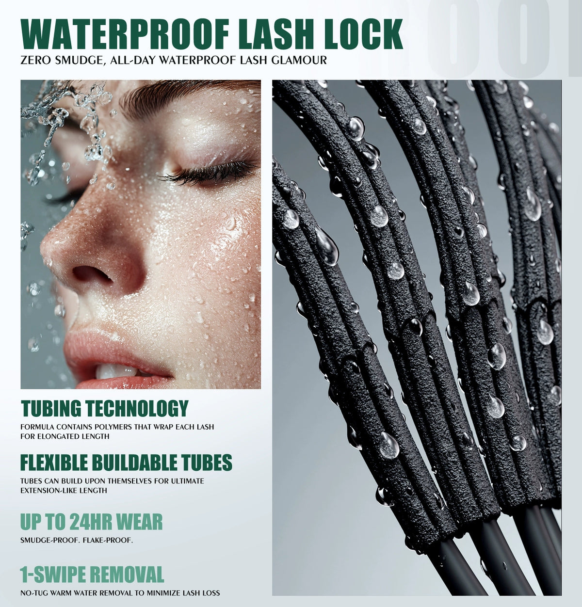 Step-by-step application of QIC 2-in-1 mascara showing natural lashes, brush application and finished lash look