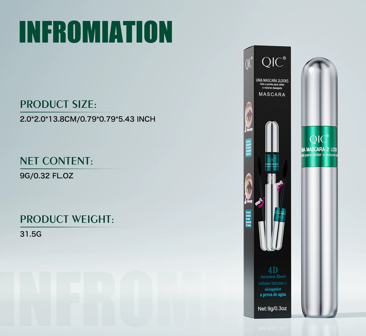 QIC 2-in-1 black mascara with silver tube and retail box showing 9g net content and product dimensions