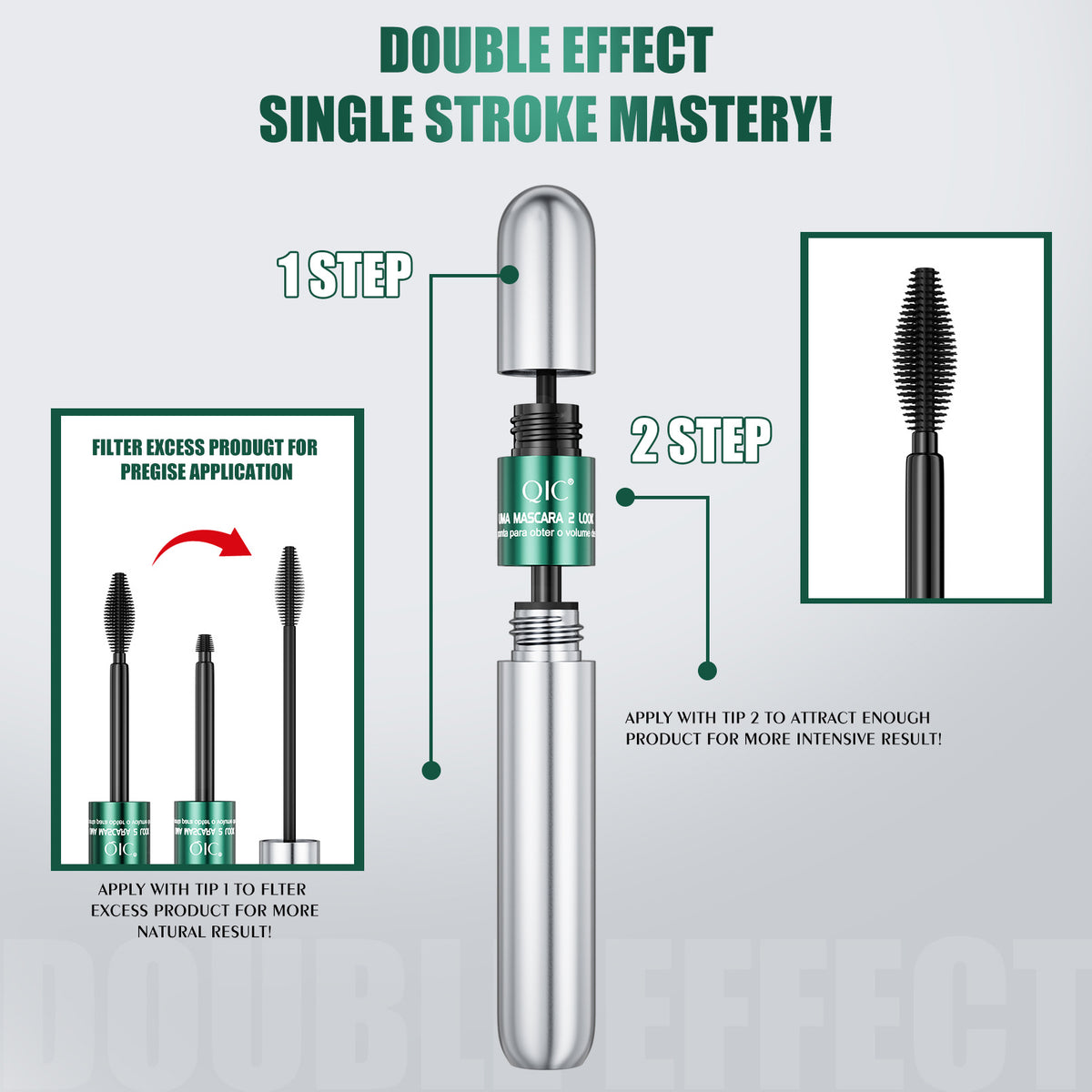 QIC 2-in-1 mascara applicator showing two settings for natural lash length and bold volume