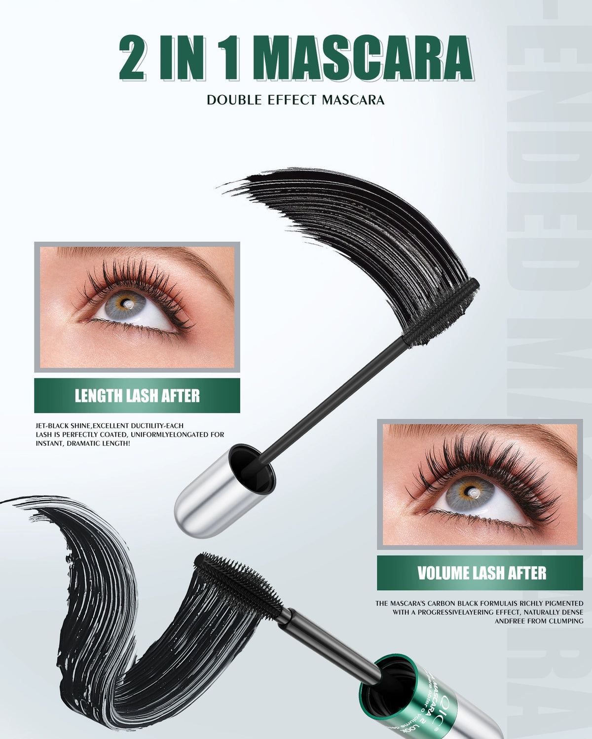 QIC dual-effect mascara showing separate lengthening and volumizing lash results with black precision brushes