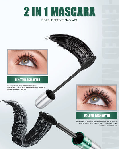 QIC dual-effect mascara showing separate lengthening and volumizing lash results with black precision brushes