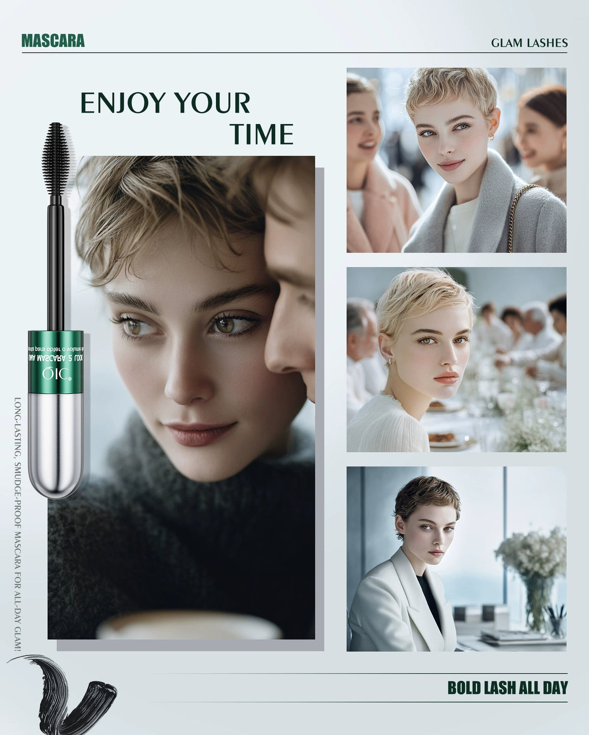 QIC 2-in-1 mascara size chart showing 13.6 cm tube, 13.8 cm packaging and dual-effect brush dimensions