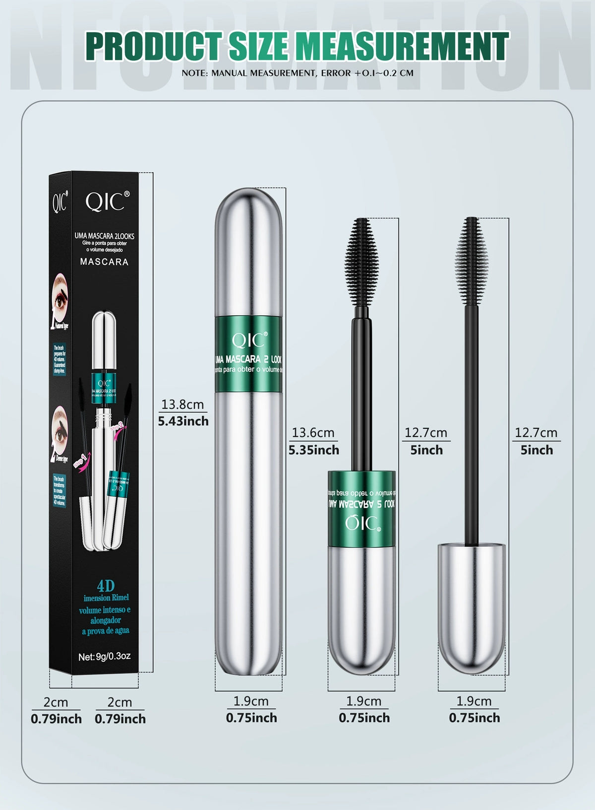 QIC 2-in-1 waterproof mascara size chart showing 13.6 cm silver tube, 13.8 cm packaging and two 12.7 cm mascara applicators.
