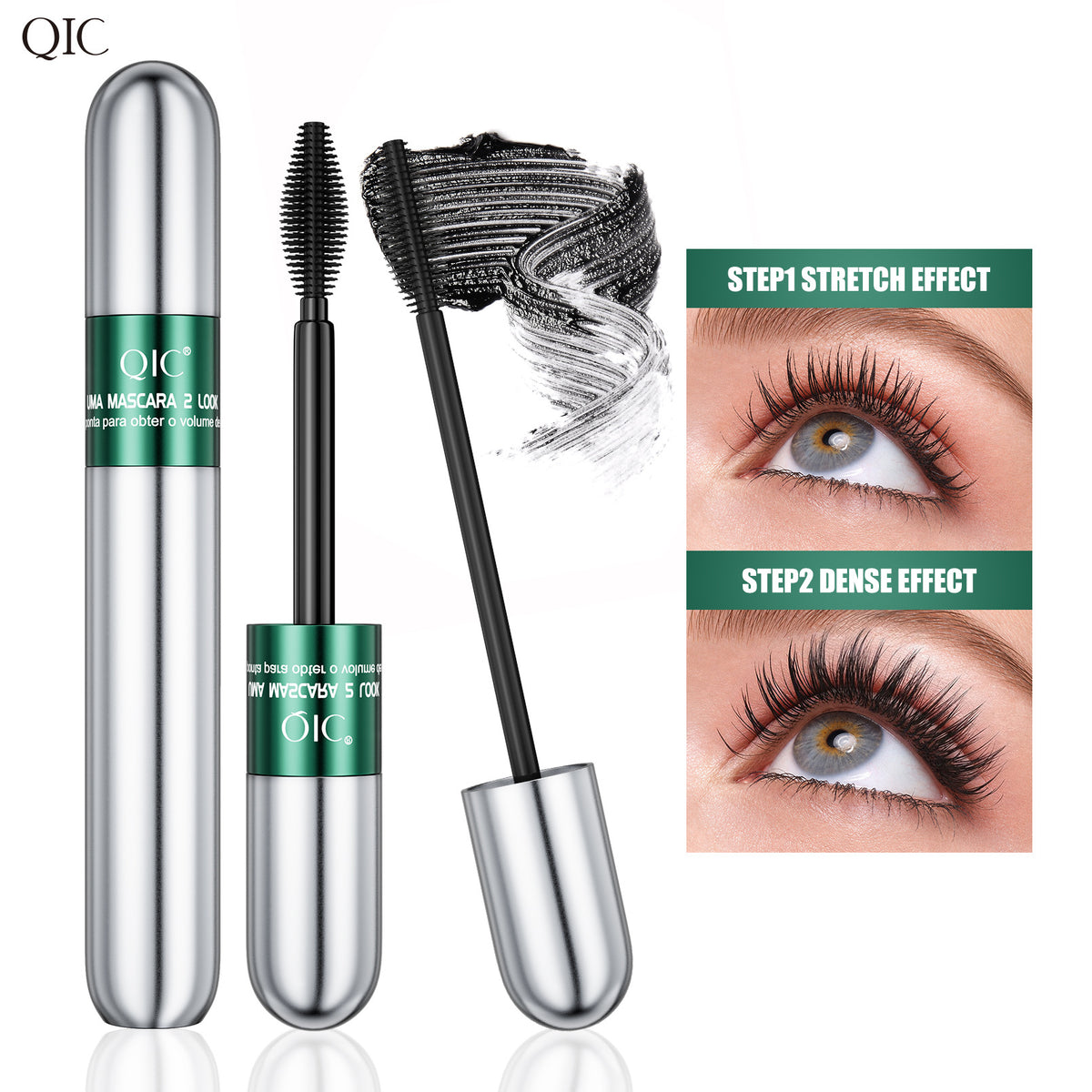 QIC 2-in-1 waterproof tubing mascara with dual-effect brush for lengthening and volumizing black lashes