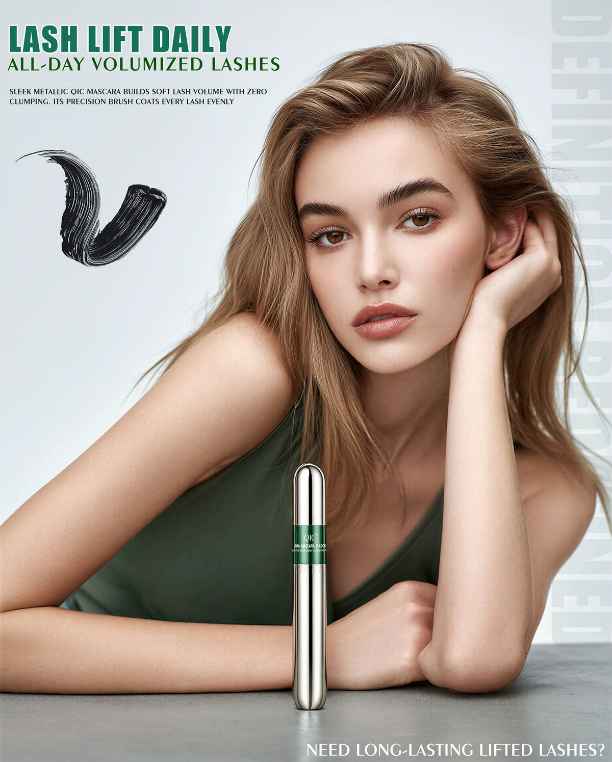 Model wearing QIC black mascara for naturally lifted and defined lashes in an everyday makeup look