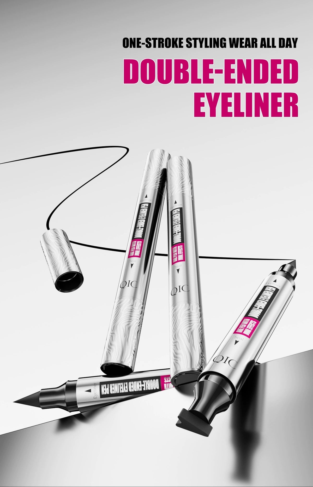 QIC double-ended eyeliner pen with silver packaging, product dimensions of 1.9 x 1.9 x 13.6 cm and 20 g weight